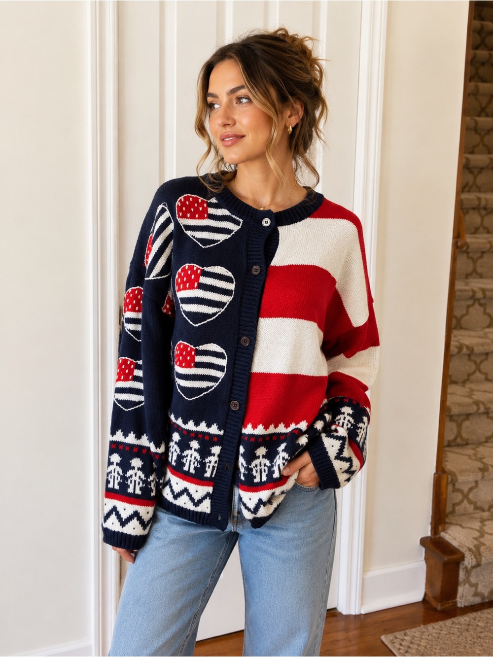 Vintage  Lauren Hansen Oversized Patriotic Heart Cardigan USA Flag Knit Sweater